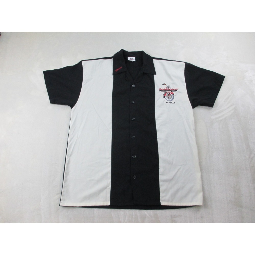 Harley Davidson Bowling Shirt Mens Large Black White Button Up Motorcycle*